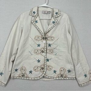 Vintage New Identity Embroidered Boho White Jeans Jacket Medium
